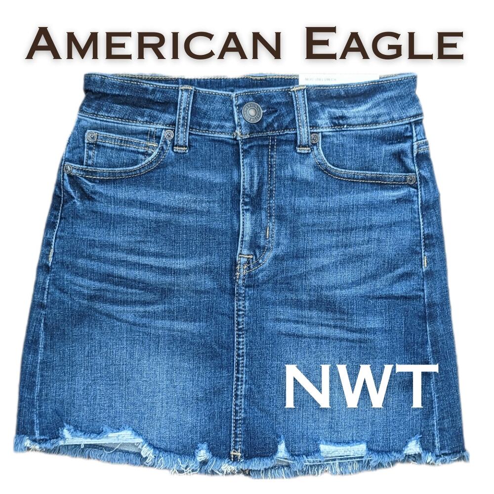 American Eagle Denim Miniskirt 0 Blue Stretch High Rise Raw Edge Distressed NEW